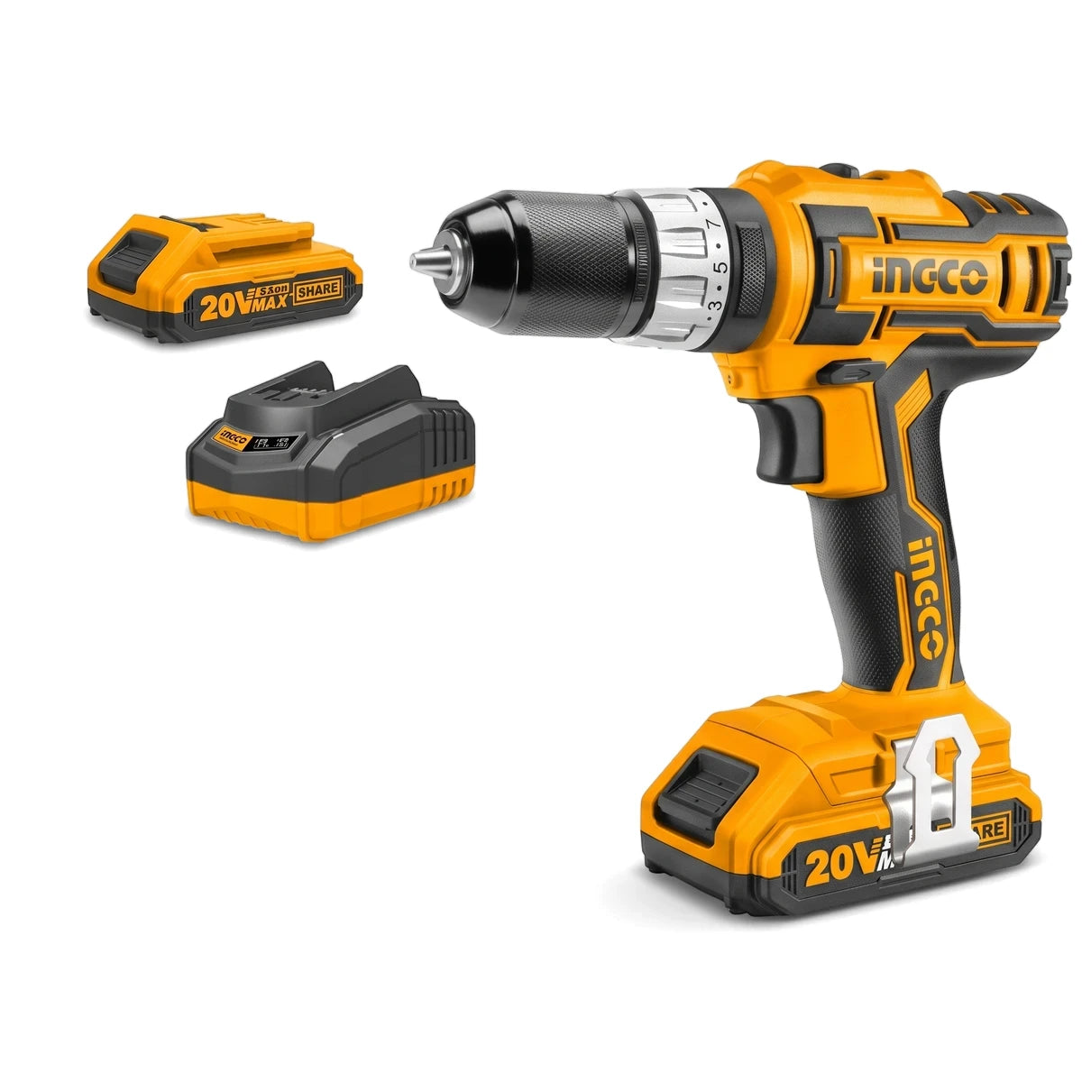 Yellow and black Ingco 20V cordless impact drill kit with two rechargeable 20V batteries, shown from a front perspective.