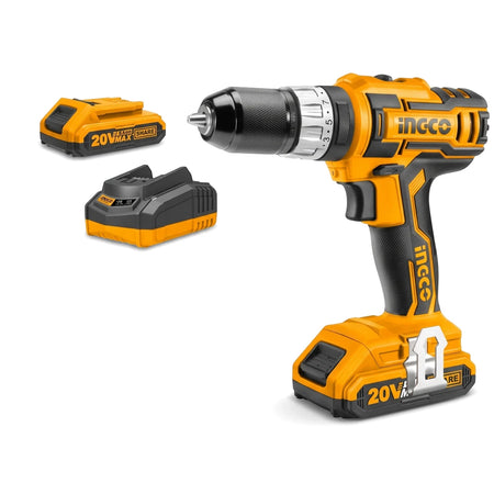 Yellow and black Ingco 20V cordless impact drill kit with two rechargeable 20V batteries, shown from a front perspective.