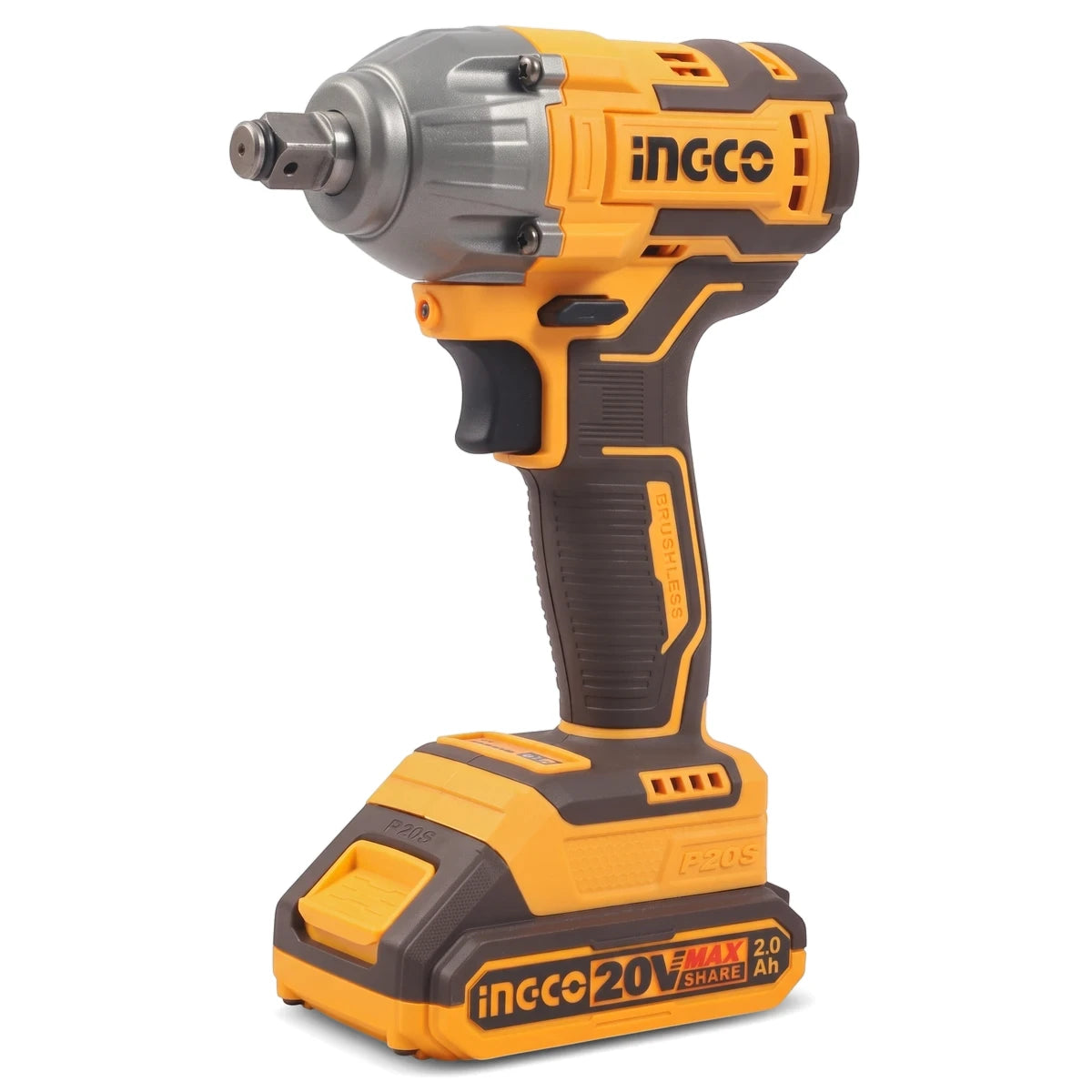 Yellow and gray Ingco 20V Cordless Impact Wrench power tool standing upright, used for automotive and construction tasks.