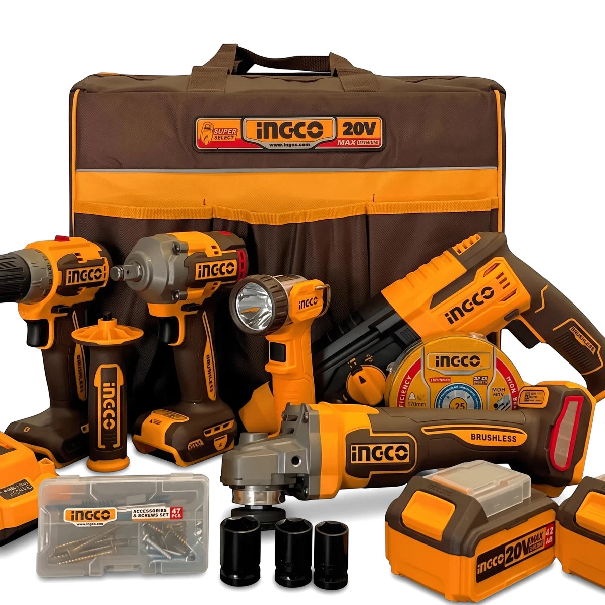 Ingco 20V Cordless Industrial Combo Kit with drill, impact wrench, angle grinder, flashlight, batteries, and tool bag.