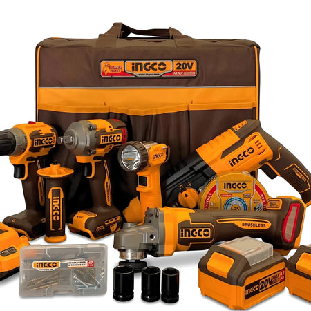 Ingco 20V Cordless Industrial Combo Kit with drill, impact wrench, angle grinder, flashlight, batteries, and tool bag.