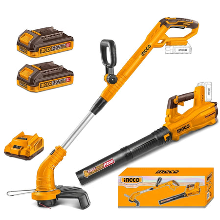 Ingco 20V Powershare Cordless 2-In-1 Combo Kit Cosli250398 with string trimmer, leaf blower, batteries, and charger.