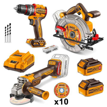 Ingco 20V Powershare Cordless 3-in-1 Combo Kit with yellow and black drill, circular saw, and angle grinder, plus batteries.