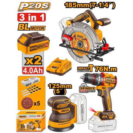 Ingco 20V Powershare Cordless 3-In-1 Combo Kit featuring a circular saw, drill, and orbital sander with batteries.