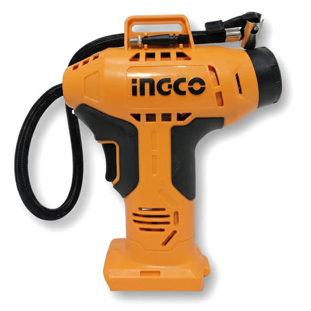 Orange and black Ingco 20V Powershare cordless air compressor with 160 Psi / 11 Bar capability, shown from a slightly