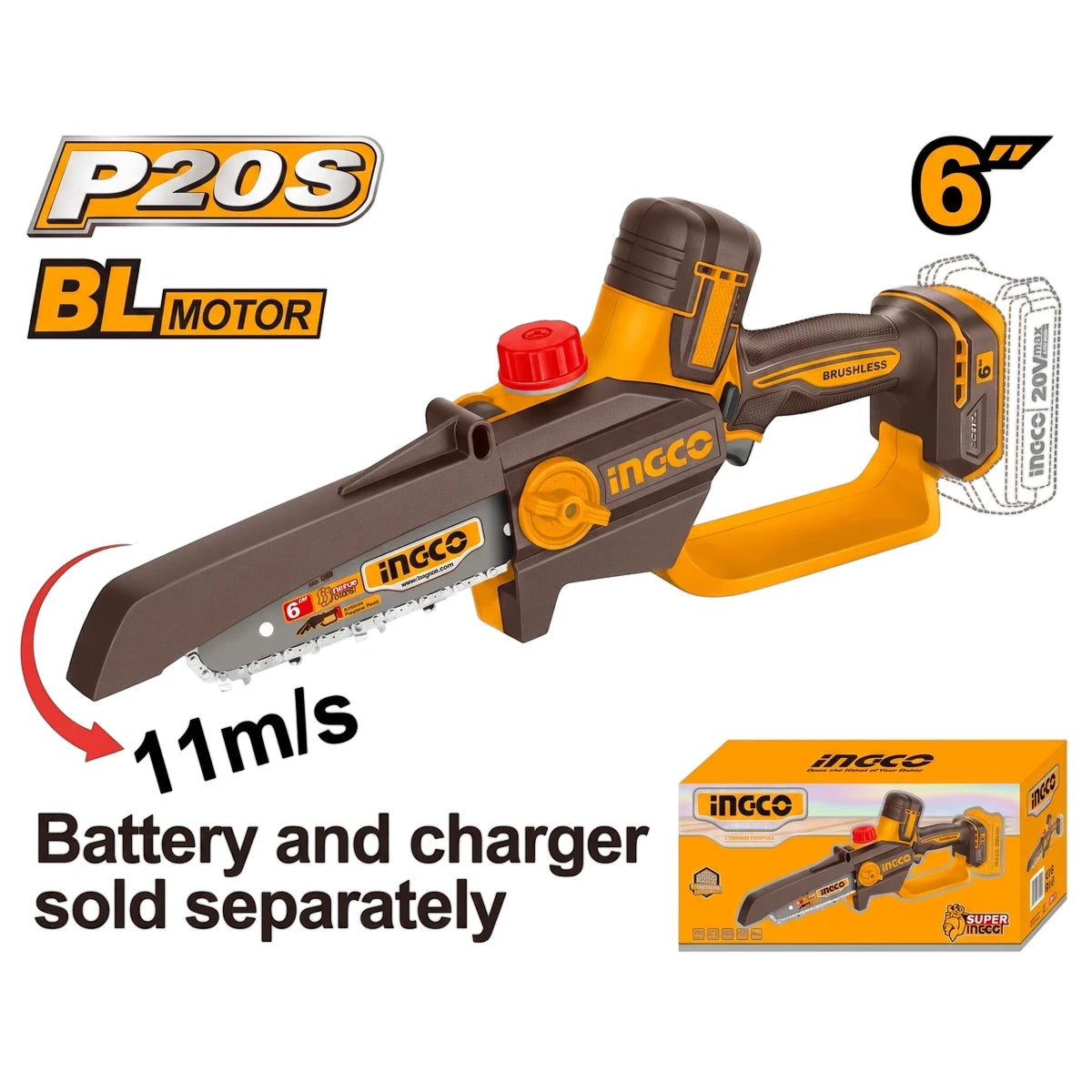 Ingco 20V Powershare cordless mini chainsaw with 6-inch bar, shown from a three-quarter view. Battery and charger sold