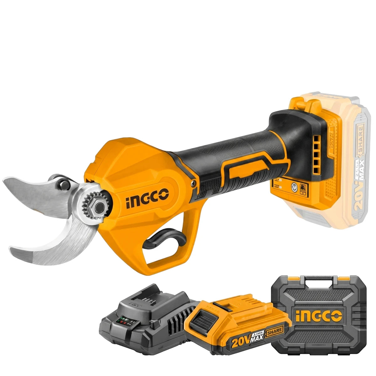 Ingco 20V Powershare cordless straight shear gauge kit with battery, charger, and hard case in yellow and black.