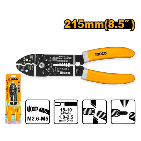 Ingco 215mm yellow and black wire stripper pliers with retail packaging, showing multiple wire gauge compatibility.