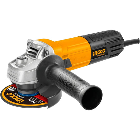 Ingco 2400W Angle Grinder 230mm, an industrial power tool with a yellow and black body and a metal cutting disc, on a white