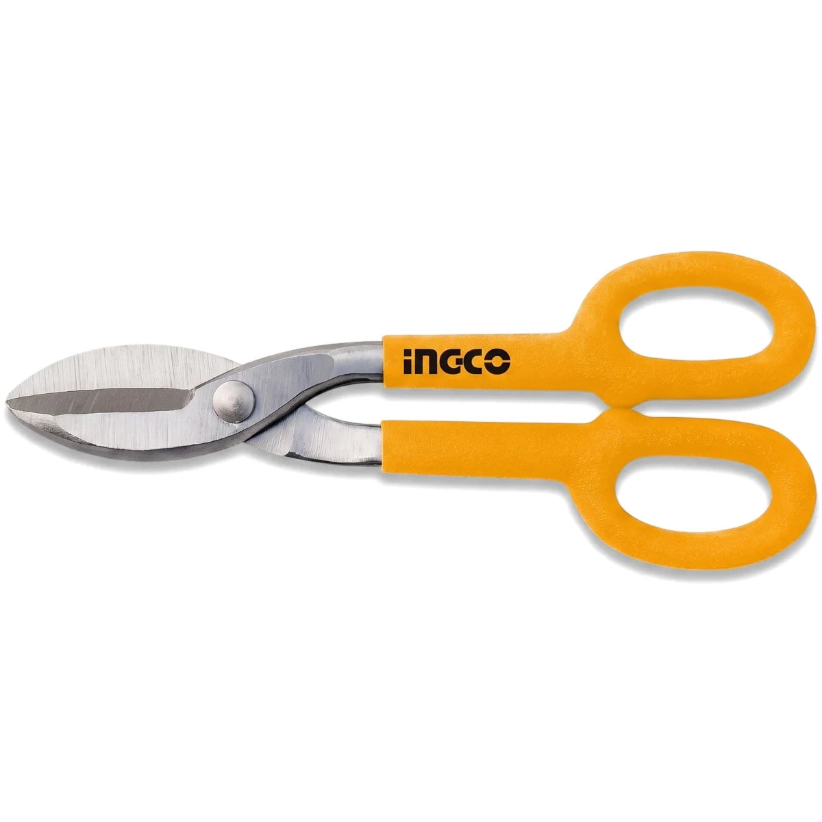 Ingco 250mm tin snips with durable silver metal blades and ergonomic yellow handles, shown in a side view.