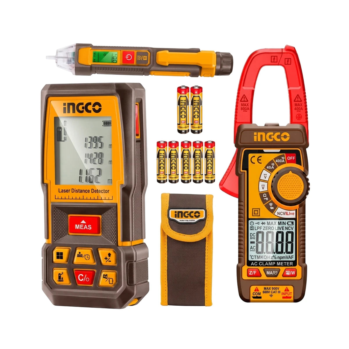 Ingco 3-in-1 laser distance detector combo kit with an orange and black AC clamp meter, a yellow voltage tester, eight AA
