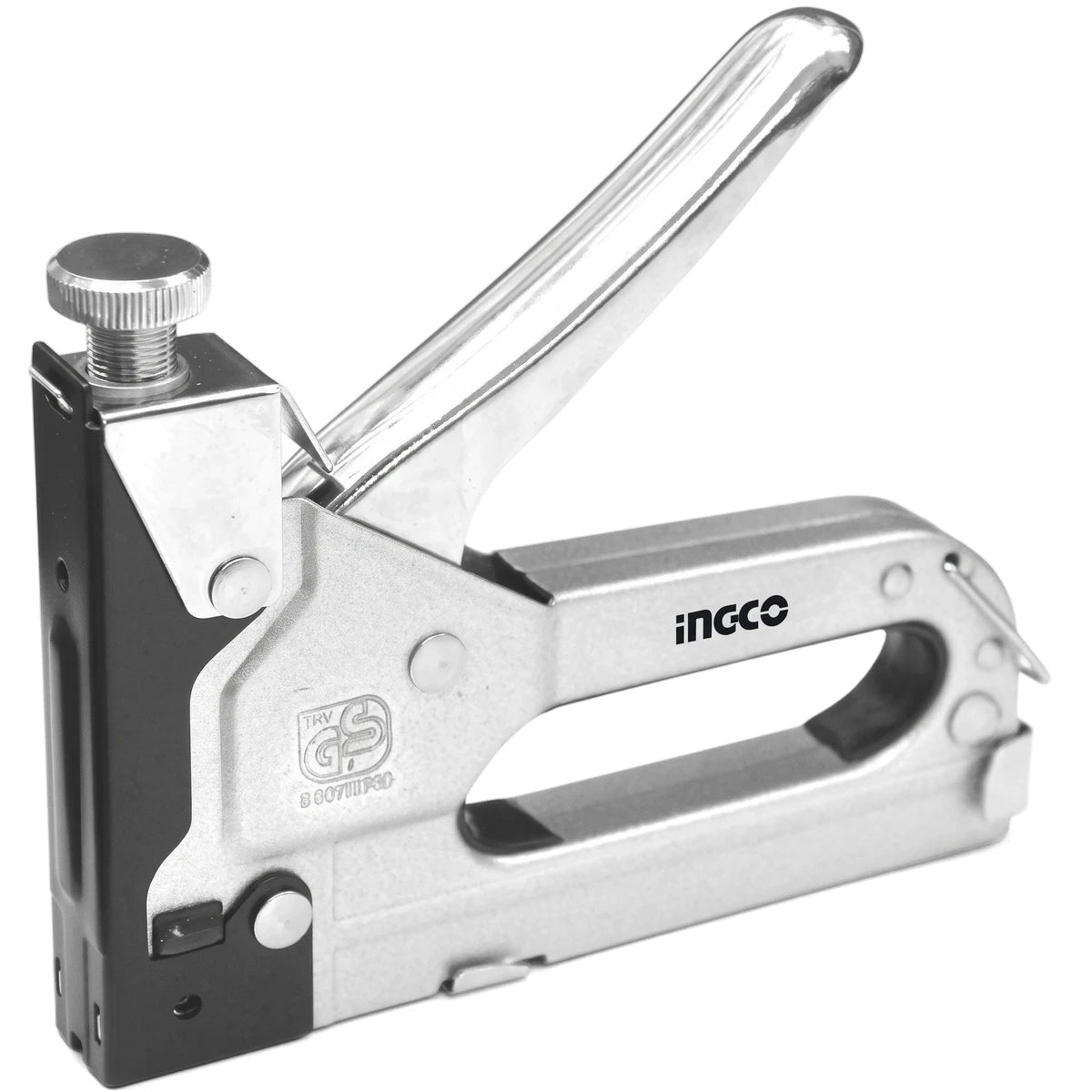 Metallic and black INGCO 3-in-1 staple gun, a versatile hand tool for various fastening tasks, displayed at an angle.