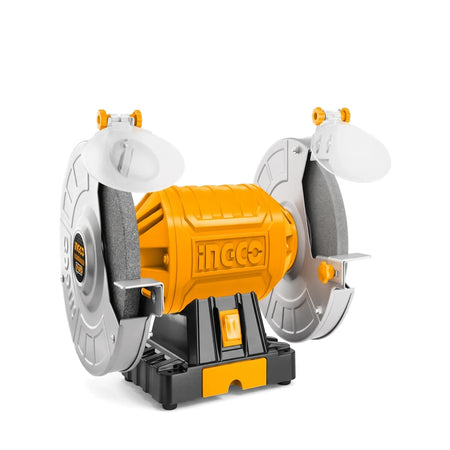 Yellow and black Ingco 350 Watt Bench Grinder with two 8-inch grinding wheels, shown from a front perspective.