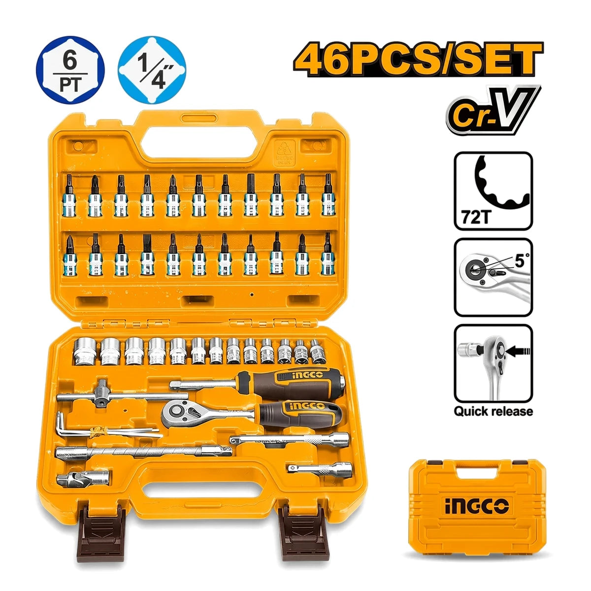 Ingco 46-piece 1/4-inch drive socket set in a yellow plastic case, showing various chrome tools and bits.