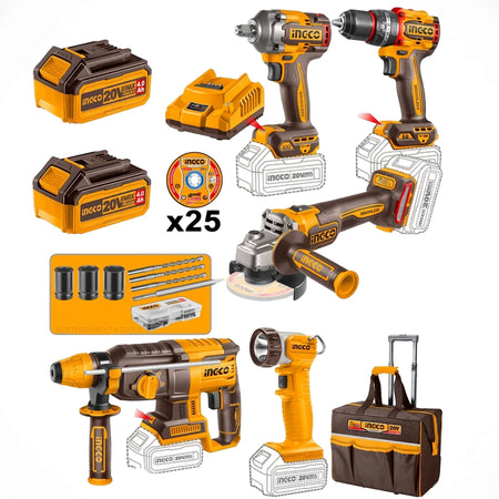 Ingco 5-piece Power Tool Kit featuring a drill, impact wrench, angle grinder, rotary hammer, flashlight, batteries, and
