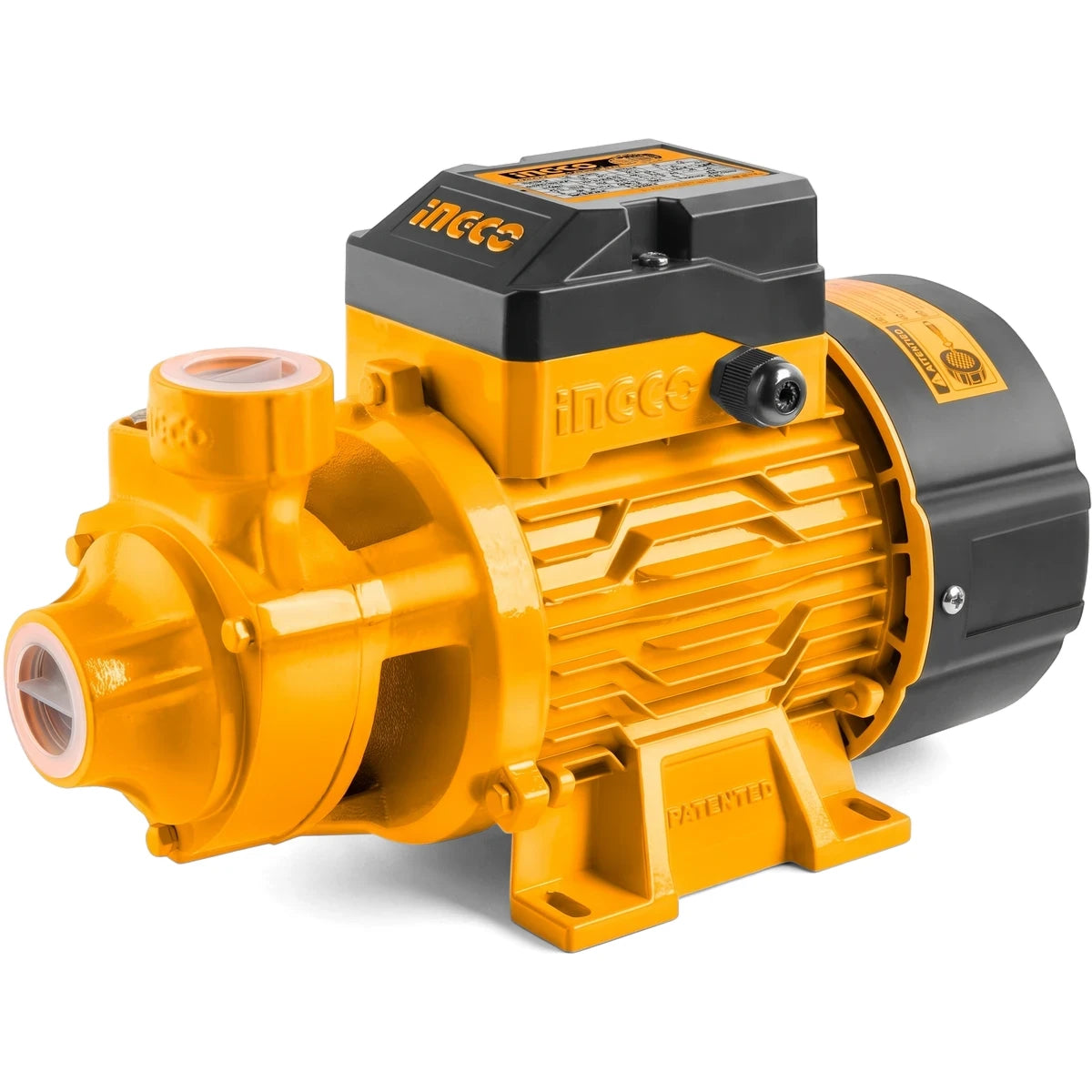 Yellow and black Ingco 550W water pump, 45L/min, electric, shown from a slightly elevated front-right view.