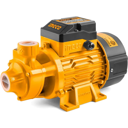 Yellow and black Ingco 550W water pump, 45L/min, electric, shown from a slightly elevated front-right view.