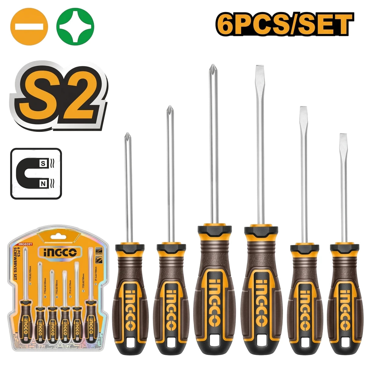 Ingco 6-piece screwdriver set with various Phillips and flathead magnetic tips, featuring black and yellow handles and a