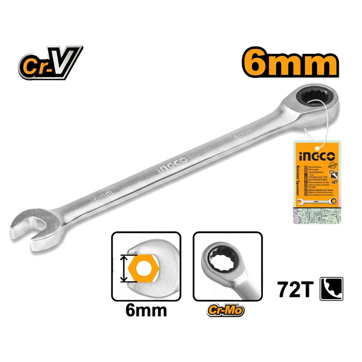 Silver 6mm Ingco ratchet spanner, a combination wrench with open and ratcheting ends, displayed as a durable hand tool.