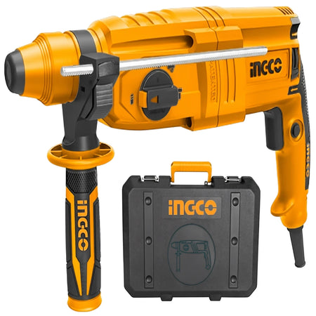 Yellow and black Ingco 800 Watt Rotary Hammer Drill with an auxiliary handle and a black carrying case.