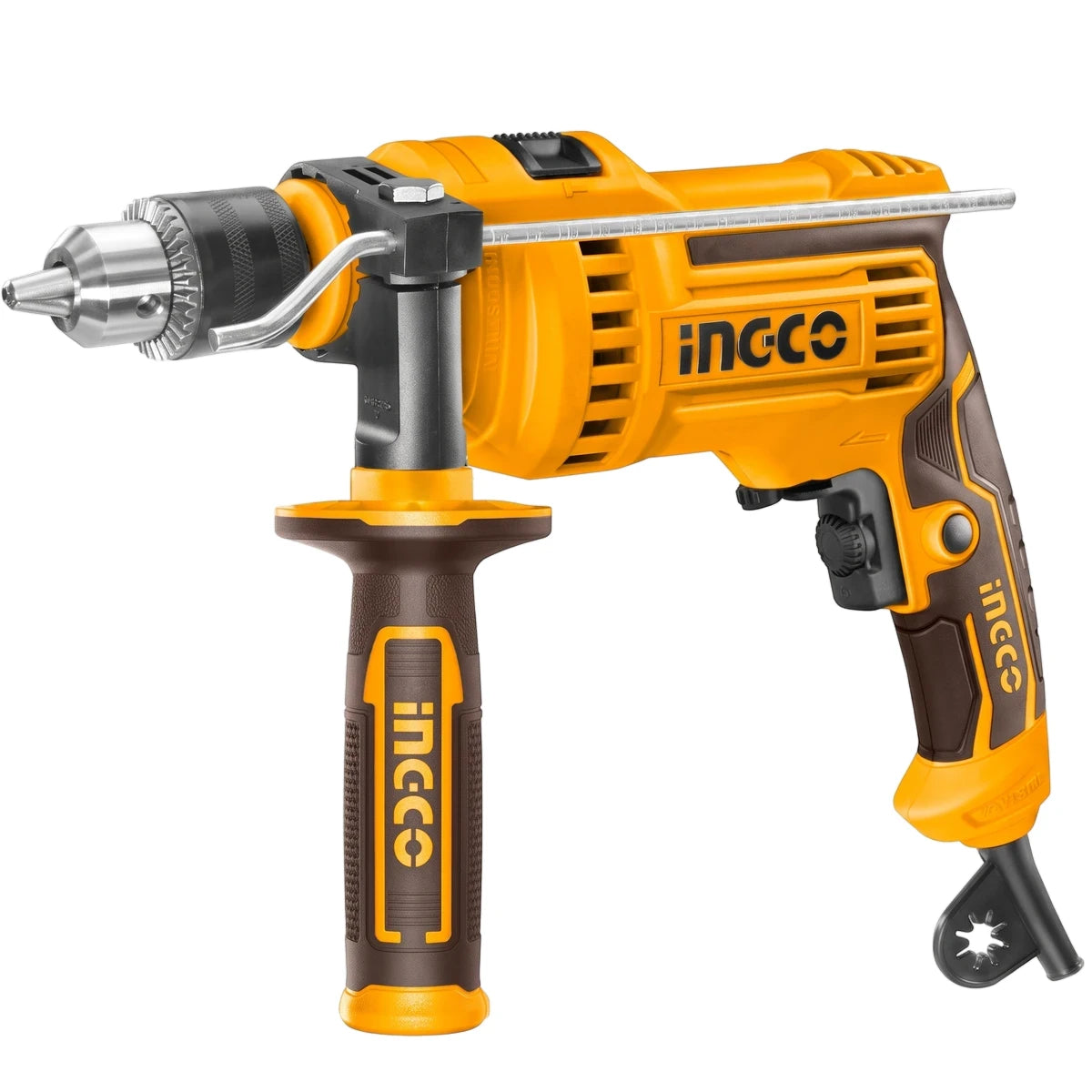 Yellow and black Ingco 810 Watt Impact Drill with a 13mm chuck and side handle, ready for heavy-duty drilling tasks.