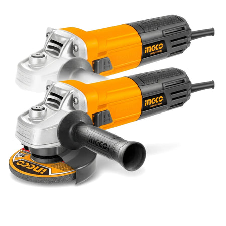 Yellow and black Ingco 950W industrial angle grinder with a 115mm disc, ready for heavy-duty grinding tasks.