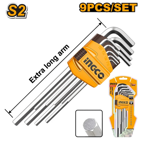 Ingco 9-piece S2 steel extra long arm allen key set with hexagonal ends, displayed in its blister packaging.