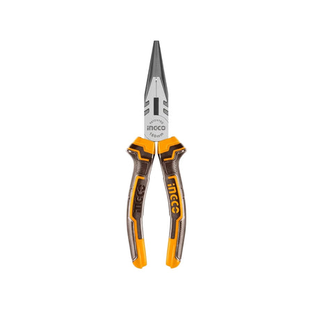 Ingco 160mm anti-rust long nose pliers with yellow and black insulated handles for electrical and general repair tasks.
