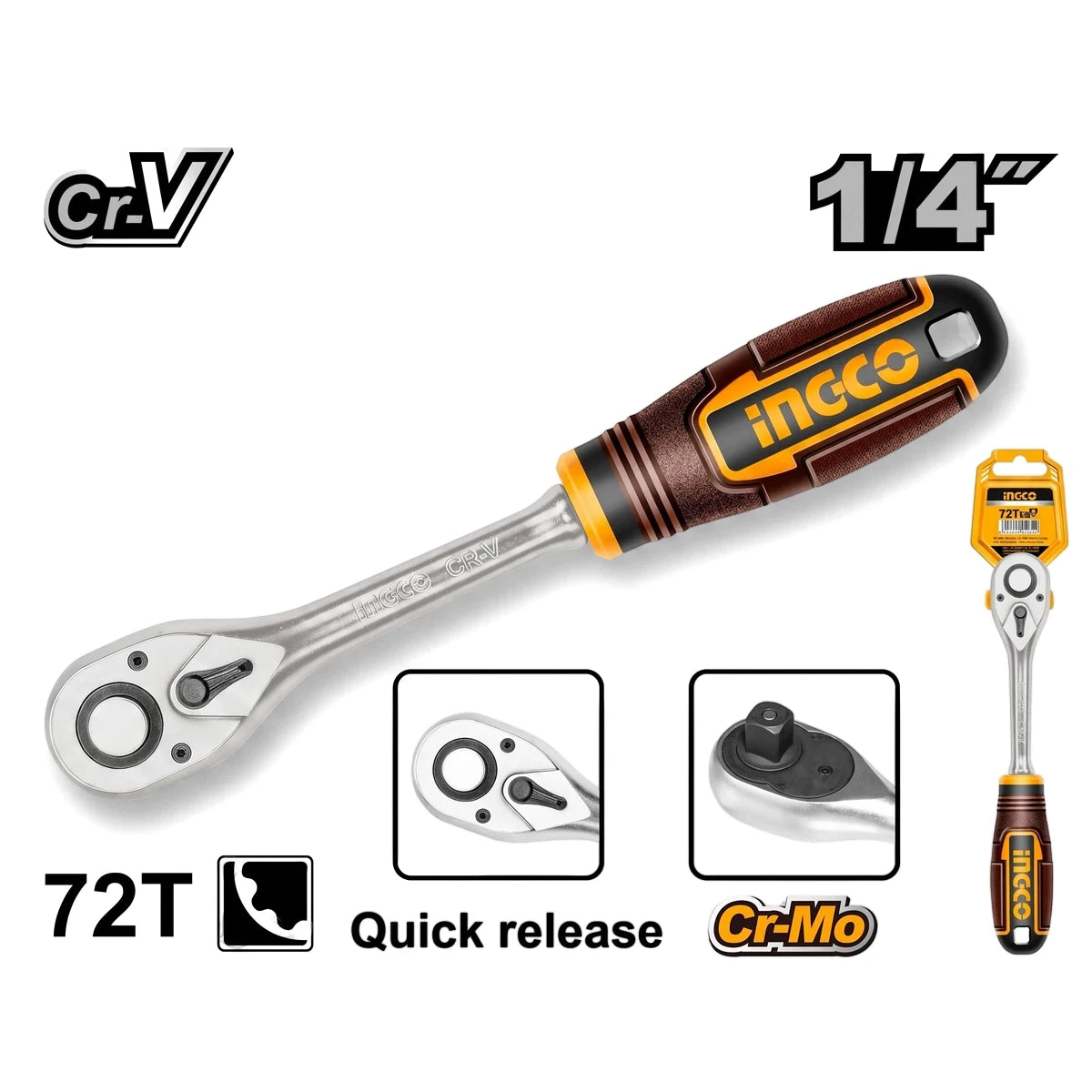 Ingco Chrome Vanadium 1/4-inch drive 72-teeth quick-release ratchet wrench with an ergonomic handle, shown with detailed