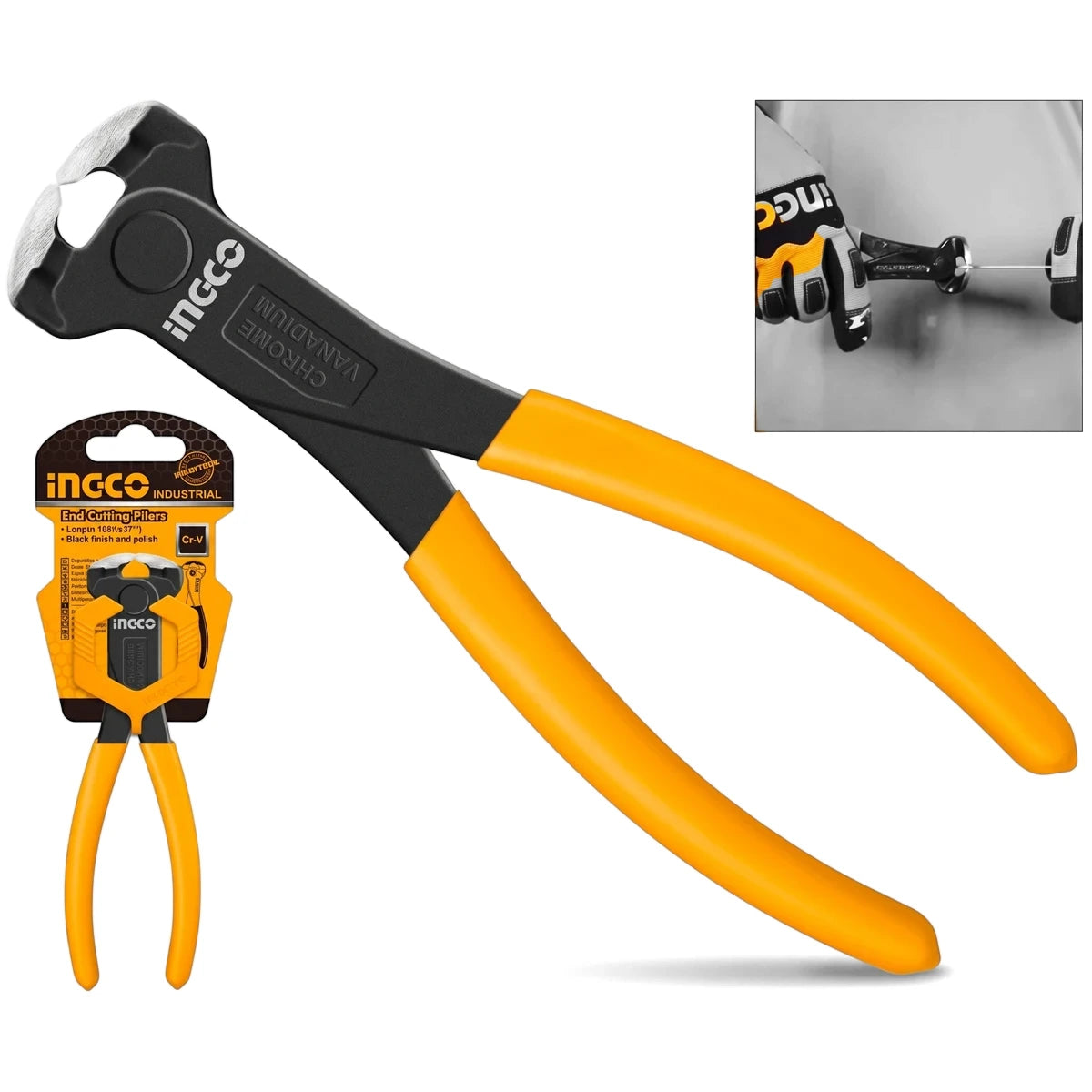 Ingco Chrome Vanadium compound end cutter pliers with black body and yellow handles, shown in packaging and pulling a wire.