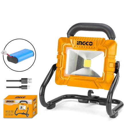 Yellow and black Ingco C/L Portable Lamp Lithium-Ion 3.6V with adjustable stand, rechargeable battery, and USB-C cable.