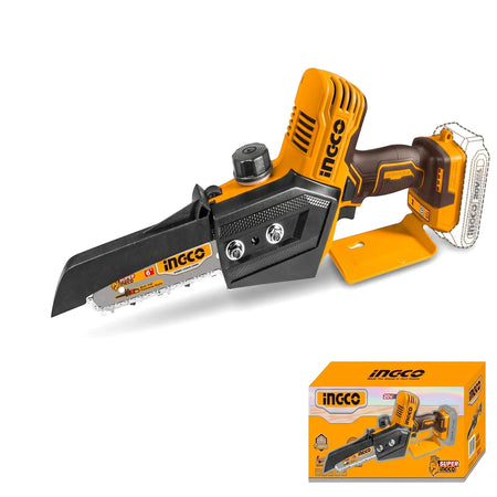 Orange and black Ingco 6-inch Cordless Lithium-Ion Mini Chain Saw shown from the side with its product packaging.