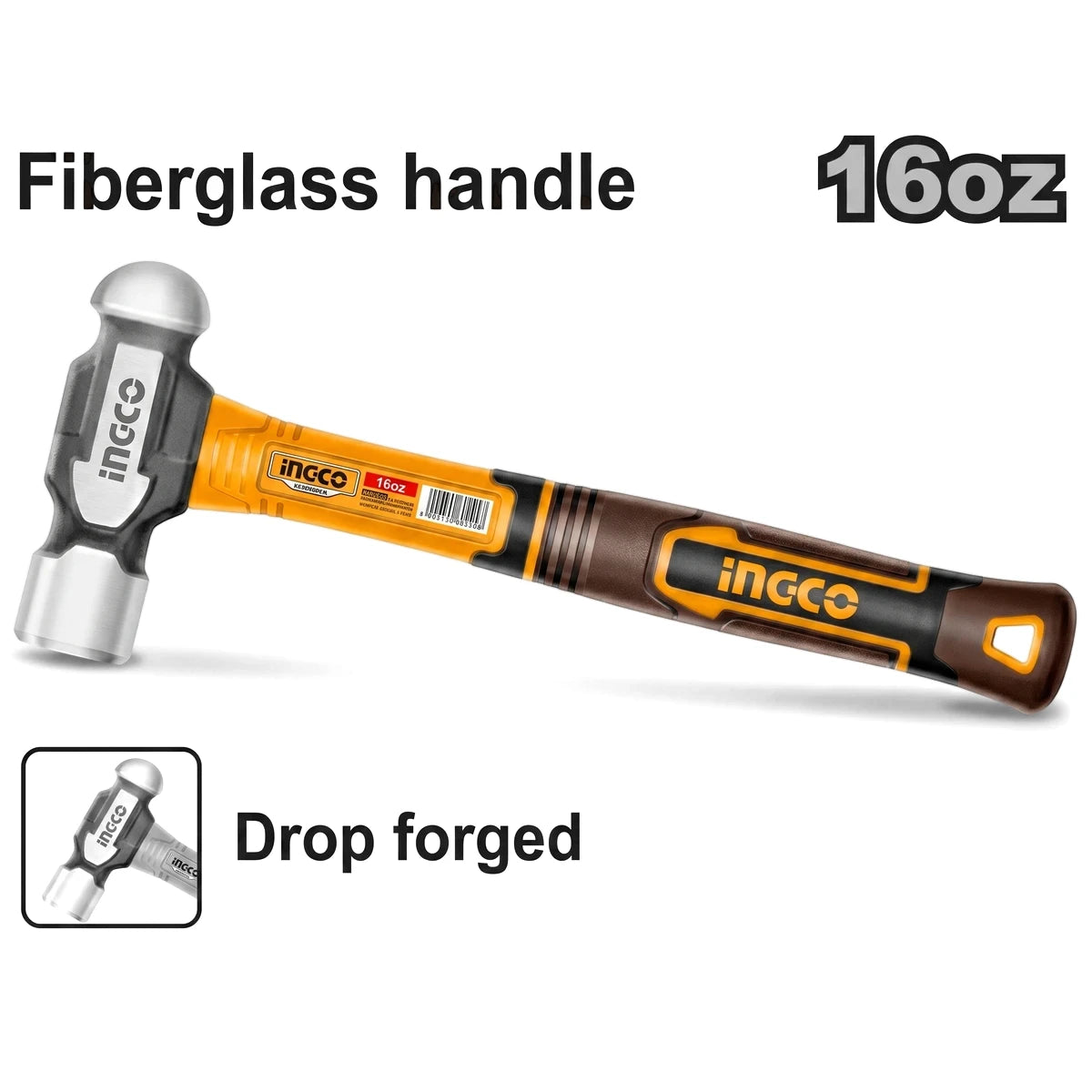 A yellow and black Ingco drop-forged carbon steel ball pein hammer with a fiberglass handle, 16oz, displayed diagonally.