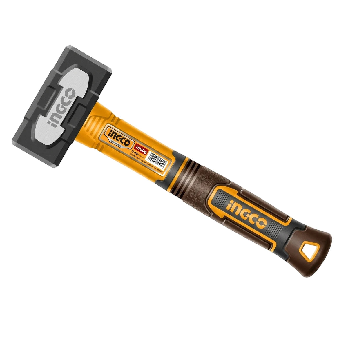 Ingco drop-forged carbon steel stoning hammer with a yellow and black fiberglass handle, 1500G weight.