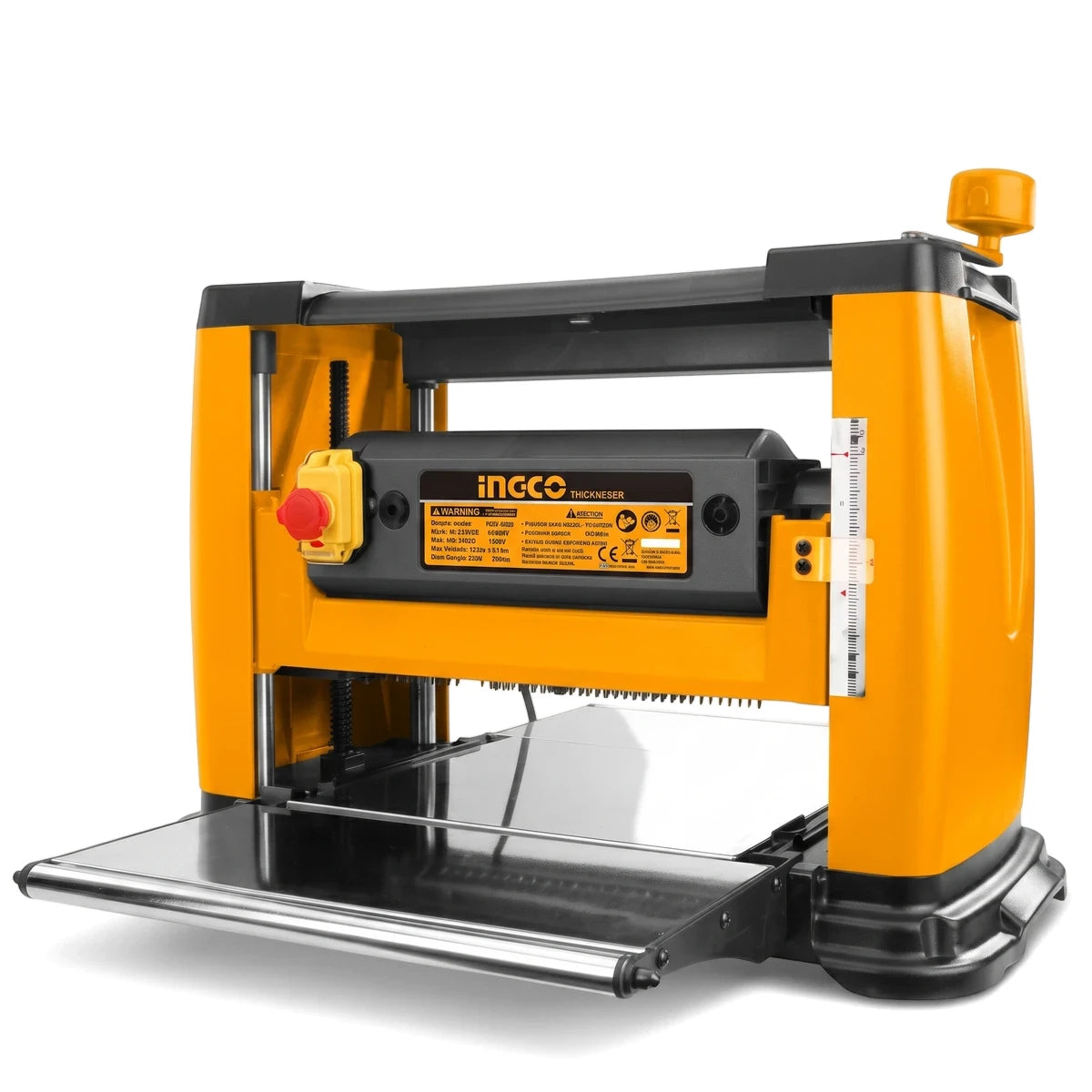 Yellow and black Ingco electric planer thicknesser, a powerful woodworking tool, shown from a side perspective on a white