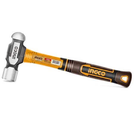 A yellow and black Ingco fibreglass handle ball pein hammer, 24oz, with a silver head, shown horizontally on a white