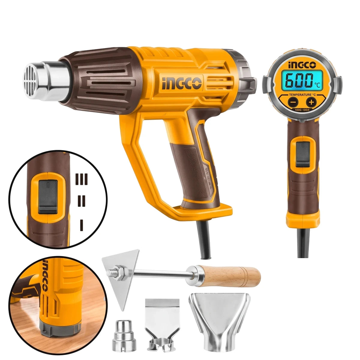 Yellow and brown Ingco heat gun kit with various nozzles, a scraping tool, and a second heat gun featuring an LCD display.