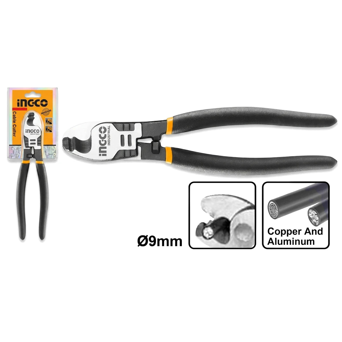 Ingco Industrial 250mm cable cutter with black and orange handles, for copper and aluminum wires up to 9mm.