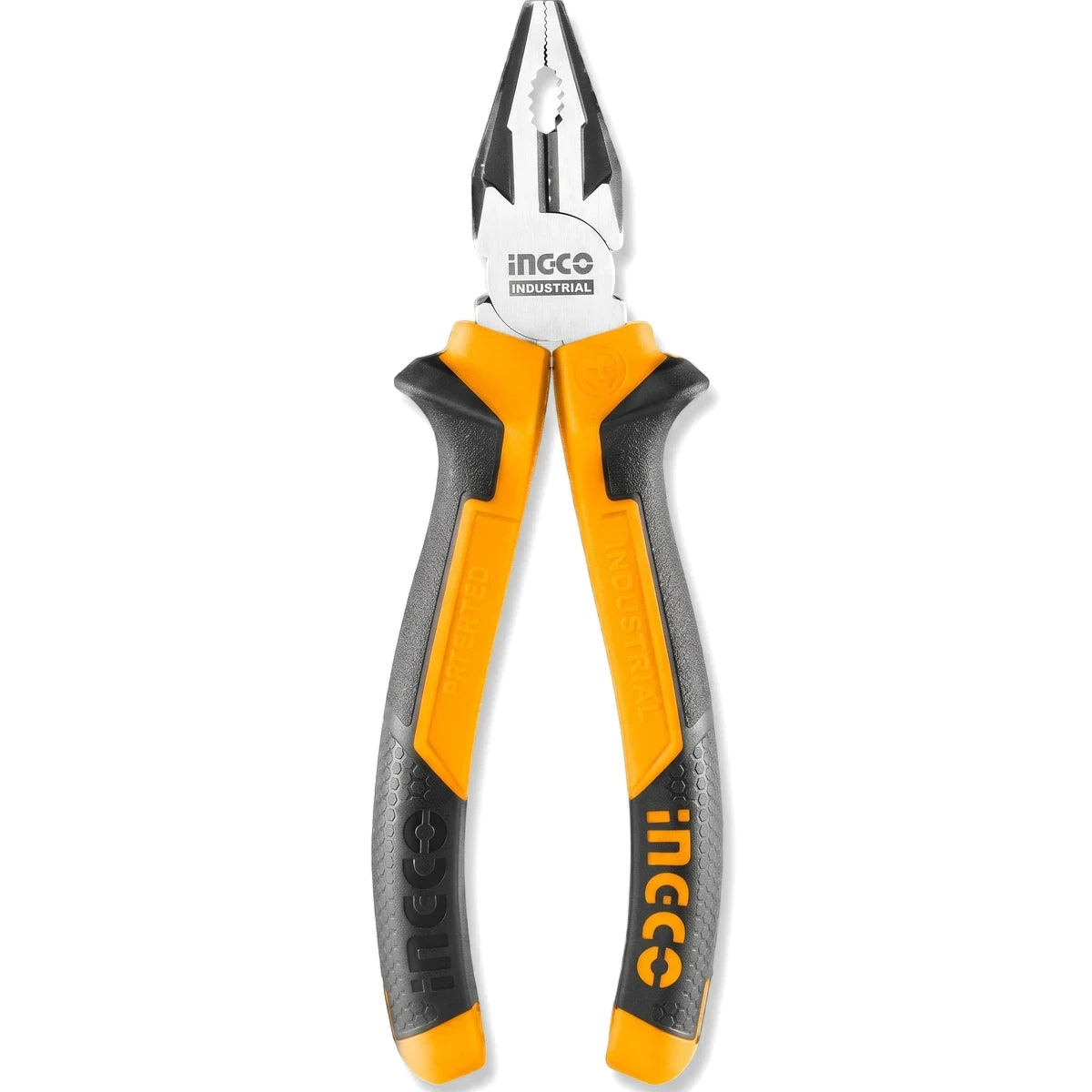 Orange and black Ingco industrial combination pliers, an essential multi-purpose hand tool for gripping and cutting tasks.