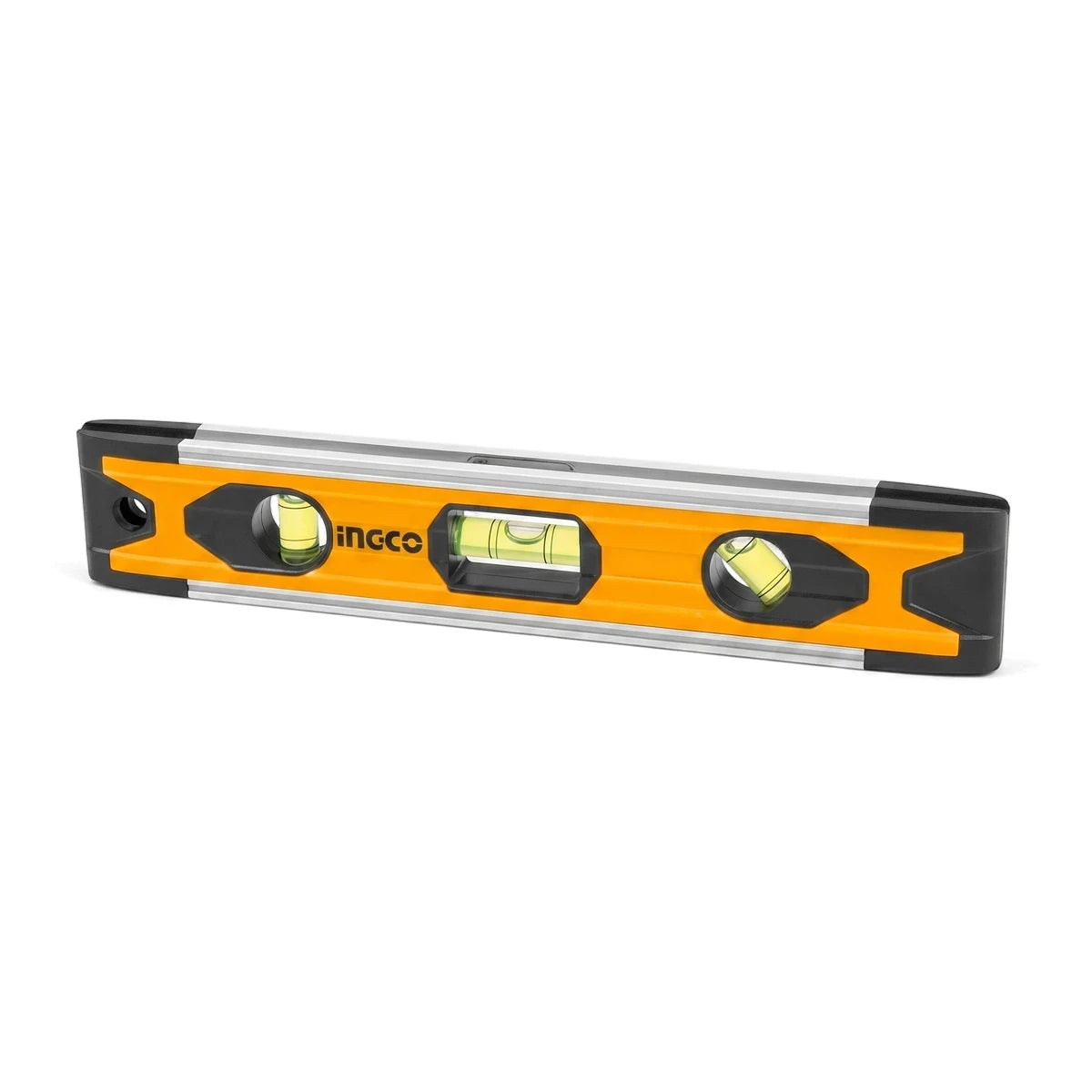 Orange and black Ingco Magnetic Torpedo Level - 225mm featuring three clear spirit vials for accurate measurements.
