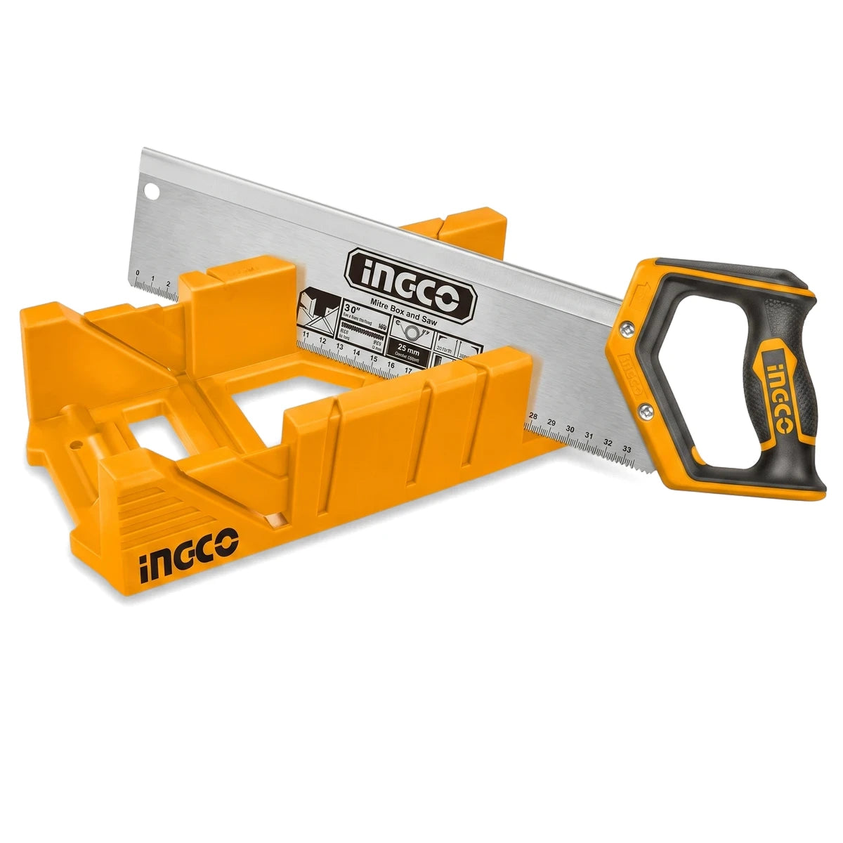 Ingco Mitre Box and Saw Set with orange mitre box and silver saw, essential for accurate woodworking cuts.