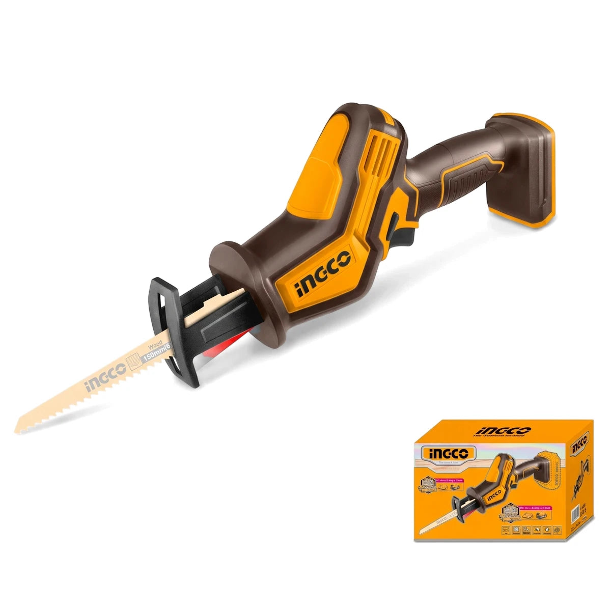 A yellow and brown Ingco P20S 20V Cordless Lithium-Ion Reciprocating Saw with a wood-cutting blade and product packaging on