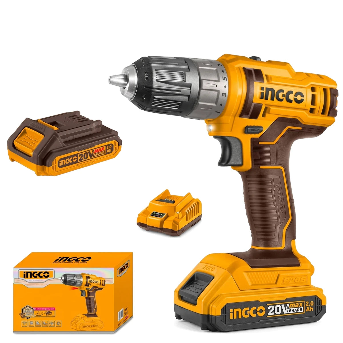 Ingco P20S 20V Lithium-Ion Cordless Drill in yellow and black, with a 2.0Ah battery, shown with its packaging box.