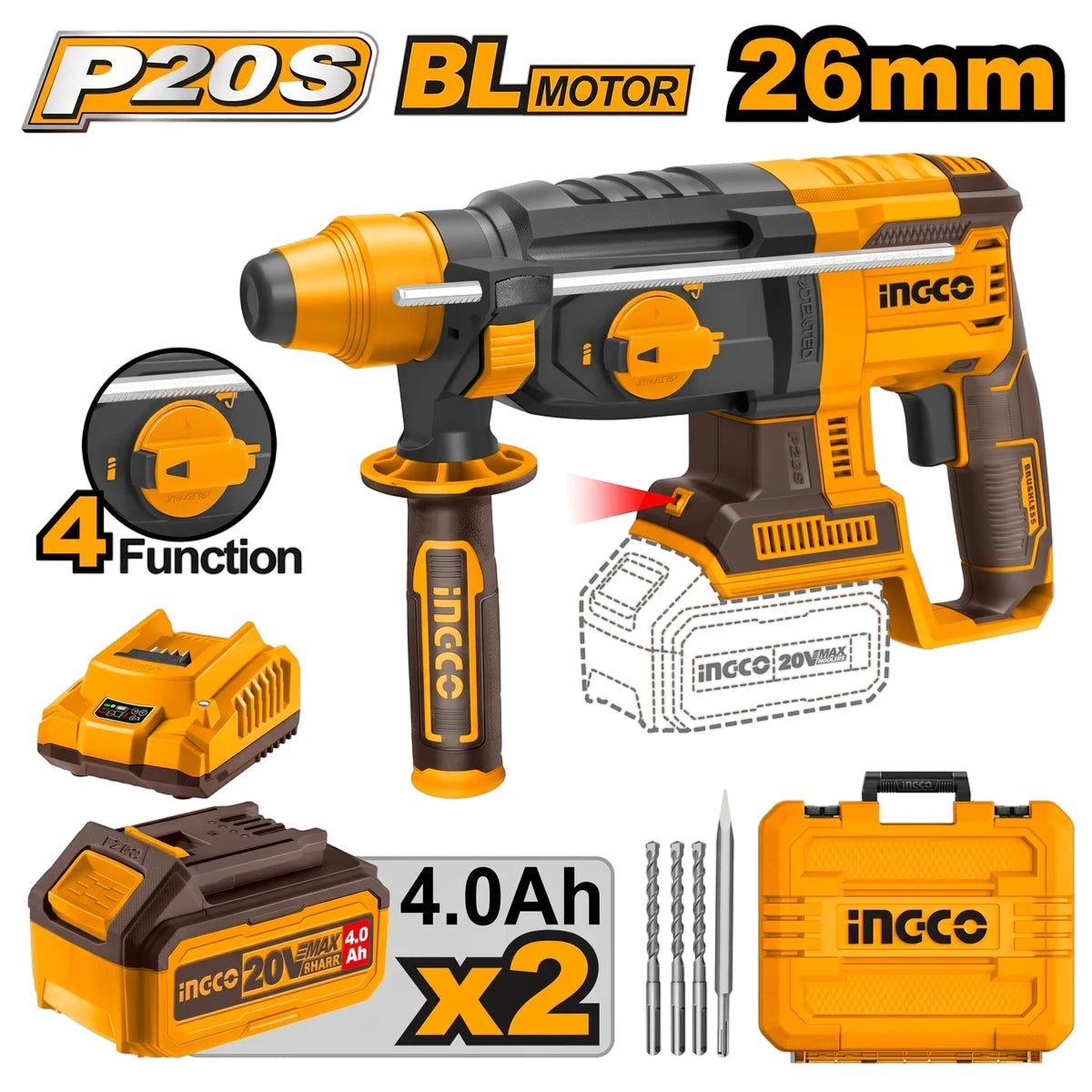 Ingco P20S BL Motor 26mm 20V Lithium-Ion Rotary Hammer Kit in yellow and black, shown with batteries, charger, and case.