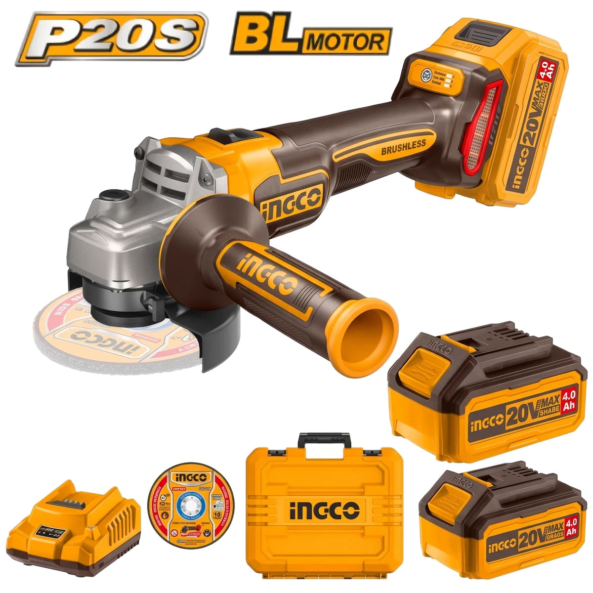 Ingco P20S BL Motor 115mm (4-1/2) Lithium-Ion 20V Angle Grinder Kit with two 4.0Ah batteries, charger, and case.