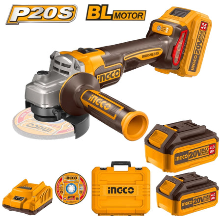 Ingco P20S BL Motor 115mm (4-1/2) Lithium-Ion 20V Angle Grinder Kit with two 4.0Ah batteries, charger, and case.