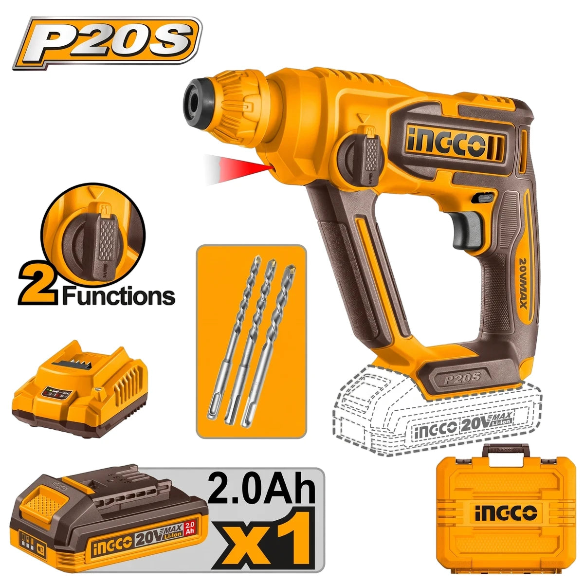 Orange and black Ingco P20S cordless rotary hammer drill with 20VMAX battery, charger, drill bits, and yellow carrying case.