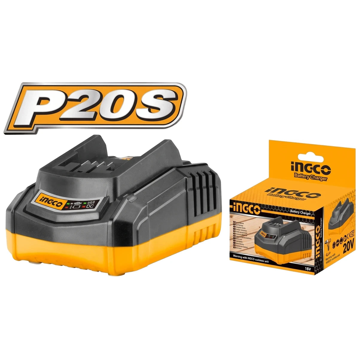 Ingco P20S Lithium-Ion Fast Intelligent Charger 20V 2.0AH in black and yellow, shown with its retail packaging. Product and