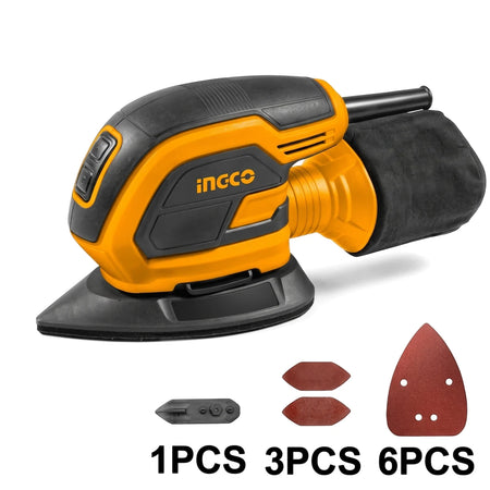Ingco Palm Sander Mouse 65W in yellow and black, shown with included rectangular, hexagonal, and triangular sanding pads.