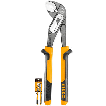 Ingco pump pliers, grey with orange and black handles, shown vertically with open jaws and a small packaged version.